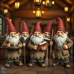 A group of five identical fantasy gnomes standing together, each featuring distinct facial hair and whimsical expressions