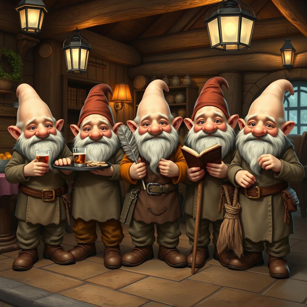 A group of five identical fantasy gnomes, each bald and without hats, standing together in a rustic, cozy inn setting