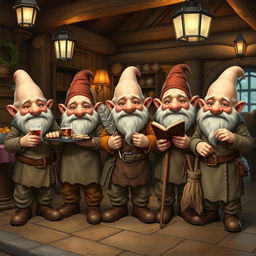 A group of five identical fantasy gnomes, each bald and without hats, standing together in a rustic, cozy inn setting