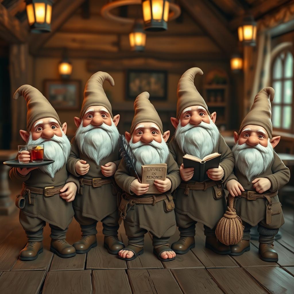 A group of five identical fantasy gnomes, each bald and without hats, standing together in a rustic, cozy inn setting