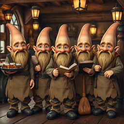 A group of five identical fantasy gnomes, each bald and without hats, standing together in a rustic, cozy inn setting