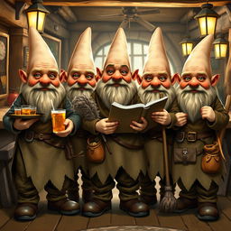 A group of five identical fantasy gnomes, each bald and without hats, standing together in a rustic, cozy inn setting