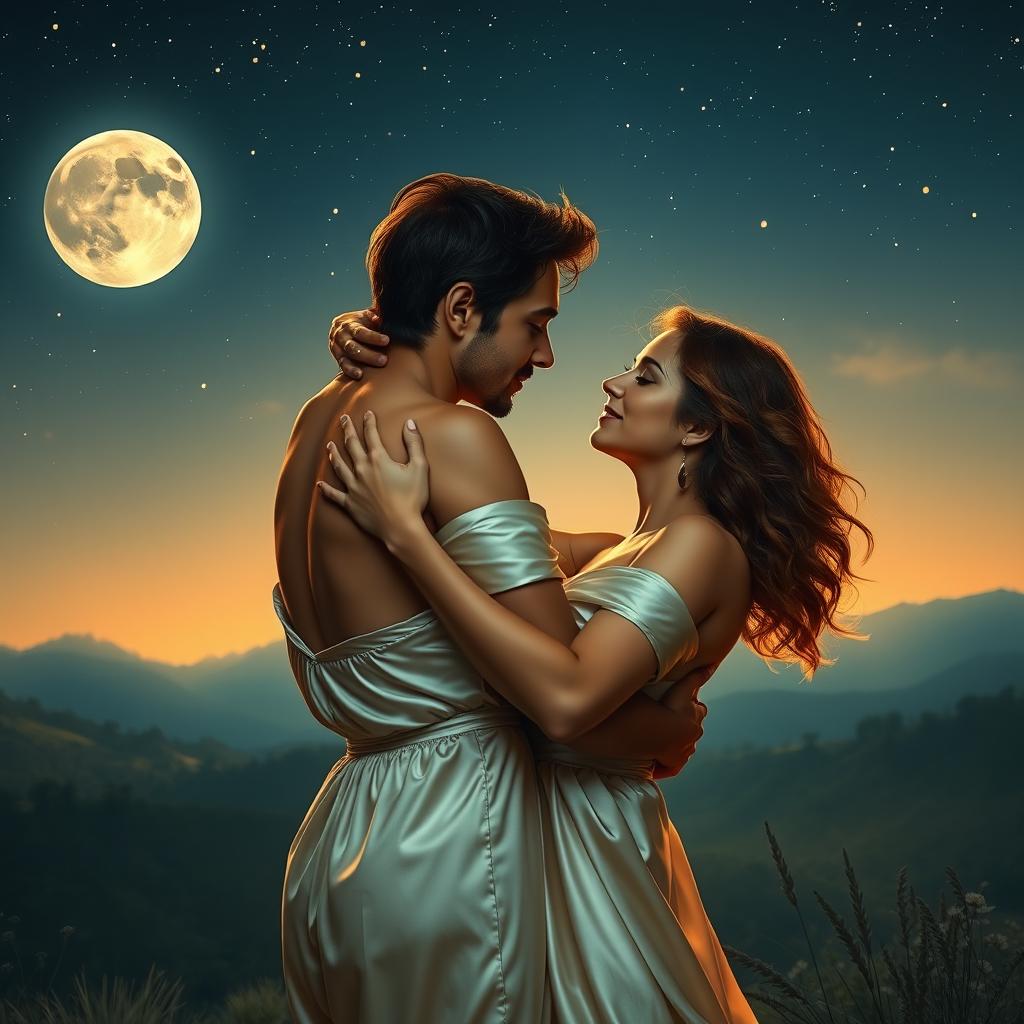 An intimate and romantic scene featuring a couple in an embrace under the moonlight, surrounded by a serene and picturesque landscape