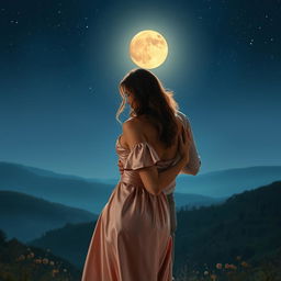 An intimate and romantic scene featuring a couple in an embrace under the moonlight, surrounded by a serene and picturesque landscape