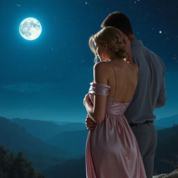 An intimate and romantic scene featuring a couple in an embrace under the moonlight, surrounded by a serene and picturesque landscape