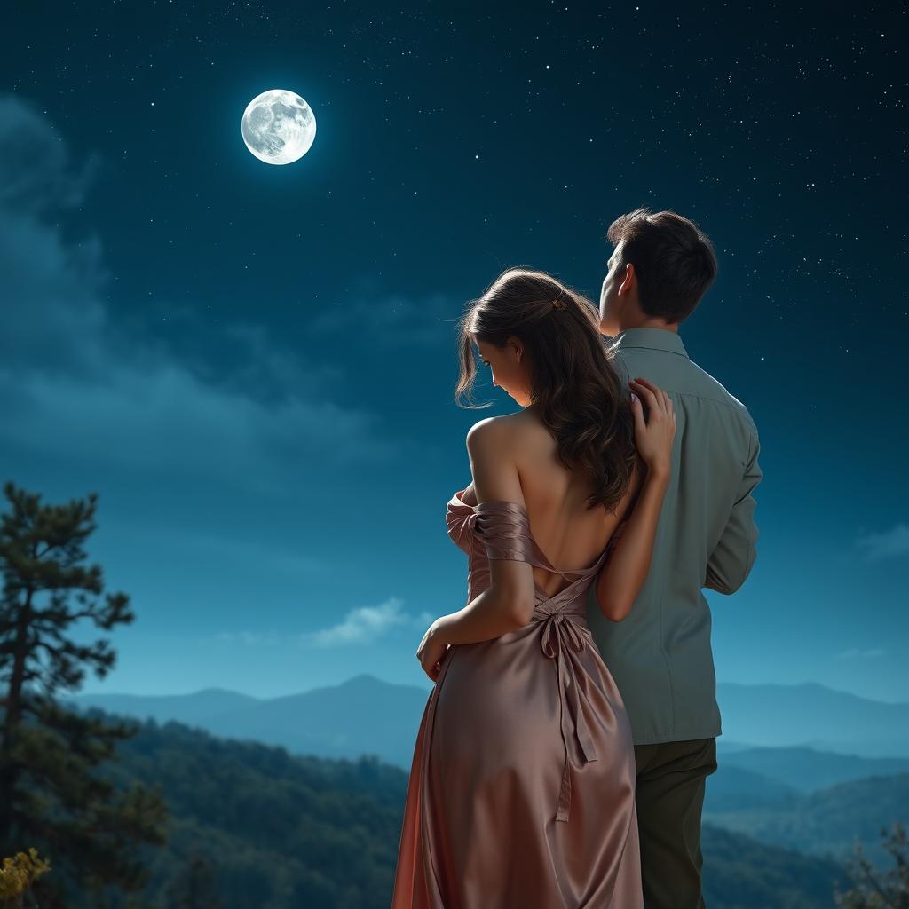 An intimate and romantic scene featuring a couple in an embrace under the moonlight, surrounded by a serene and picturesque landscape