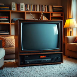 A vintage 1980s television set with a wooden frame and a glass screen, featuring mechanical knobs for channel selection and volume control