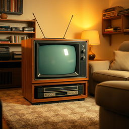 A vintage 1980s television set with a wooden frame and a glass screen, featuring mechanical knobs for channel selection and volume control