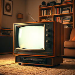 A vintage 1980s television set with a wooden frame and a glass screen, featuring mechanical knobs for channel selection and volume control