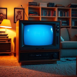 A vintage 1980s television set with a wooden frame and a glass screen, featuring mechanical knobs for channel selection and volume control