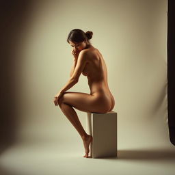 A serene and artistic study of the human form, focusing on light, shadow, and anatomy, showcasing a tasteful nude subject in a contemplative pose