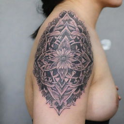 Artistic, intricate tattoo design with a mix of geometric patterns and floral motifs.