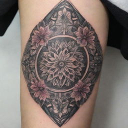 Artistic, intricate tattoo design with a mix of geometric patterns and floral motifs.