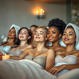 A scene depicting a group of women in a spa setting, relaxing and enjoying a moment of pure bliss and tranquility