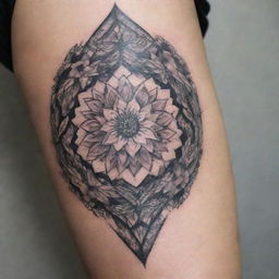 Artistic, intricate tattoo design with a mix of geometric patterns and floral motifs.