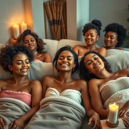 A scene depicting a group of women in a spa setting, relaxing and enjoying a moment of pure bliss and tranquility