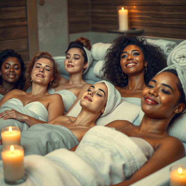 A scene depicting a group of women in a spa setting, relaxing and enjoying a moment of pure bliss and tranquility