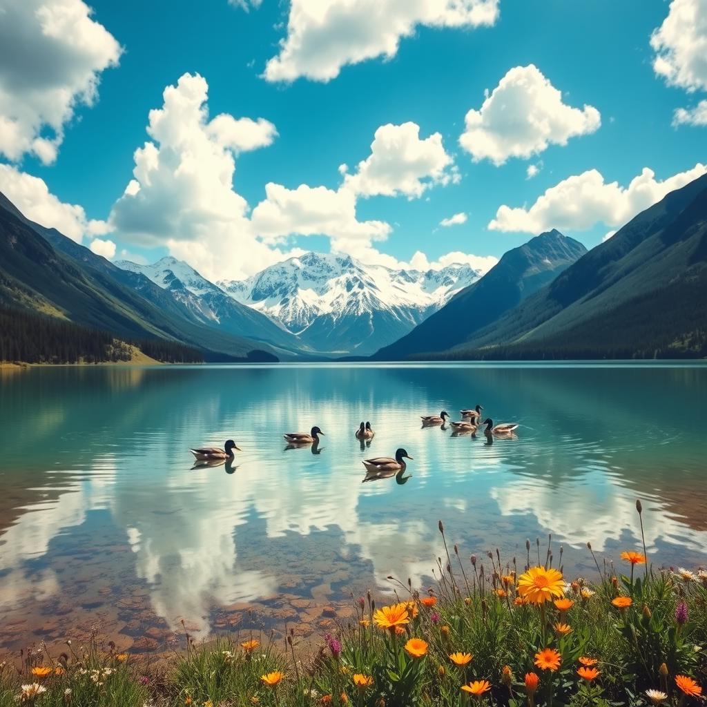 A serene mountain landscape with a crystal clear lake in the foreground, surrounded by lush greenery