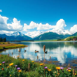 A serene mountain landscape with a crystal clear lake in the foreground, surrounded by lush greenery