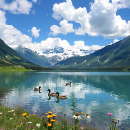 A serene mountain landscape with a crystal clear lake in the foreground, surrounded by lush greenery