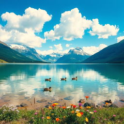 A serene mountain landscape with a crystal clear lake in the foreground, surrounded by lush greenery