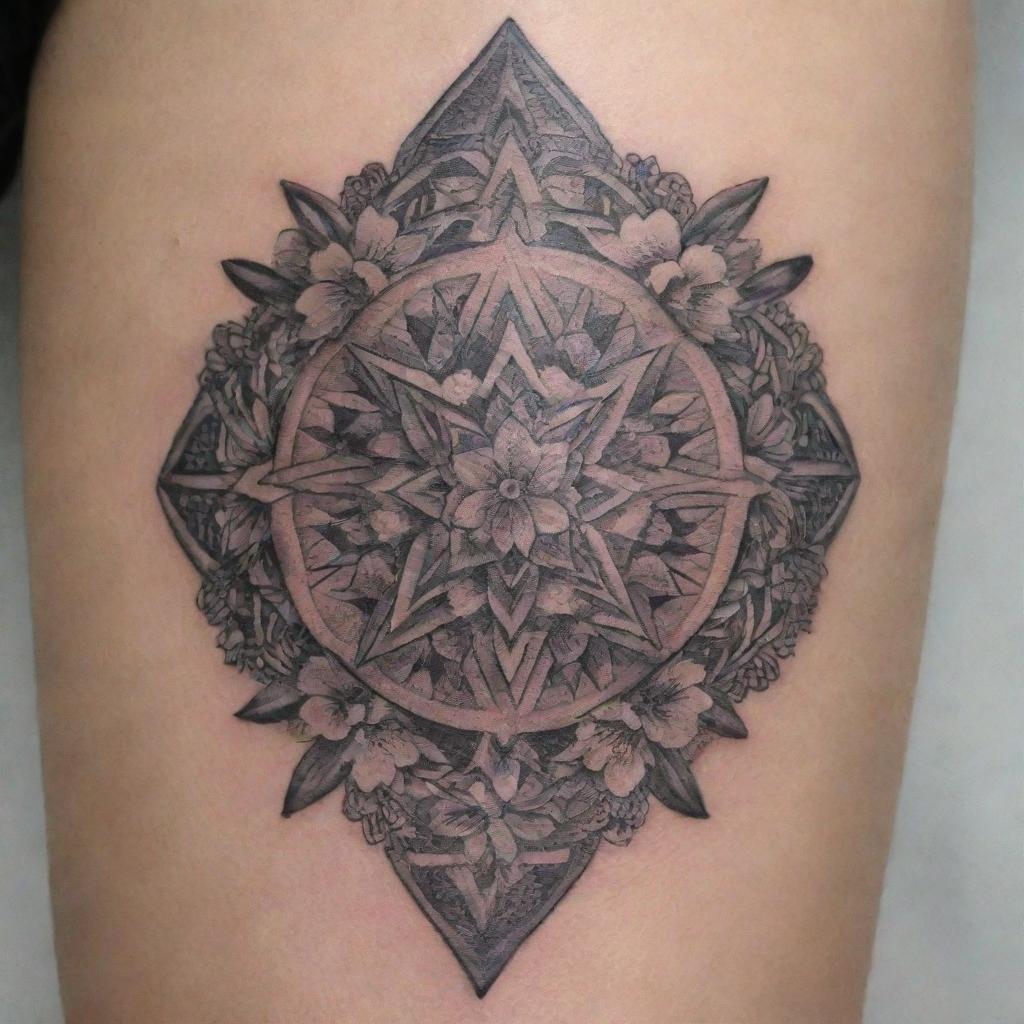 Artistic, intricate tattoo design with a mix of geometric patterns and floral motifs.