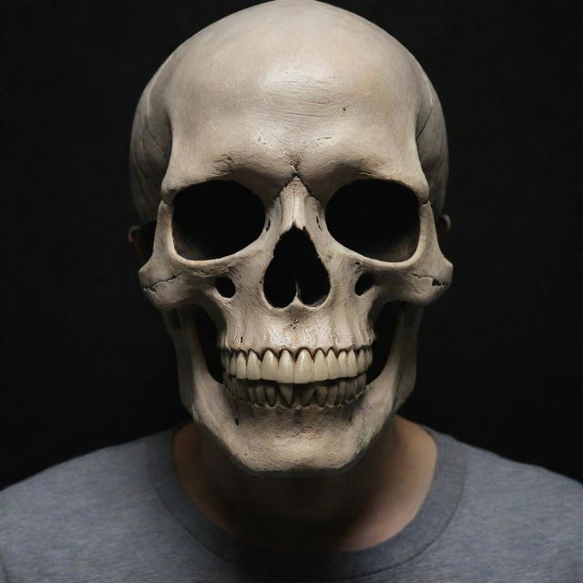 A user wearing a detailed skull mask, with lifelike bone texture and eye sockets filled with darkness.