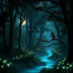 A mystical forest scene during twilight with a glowing river cascading through the center