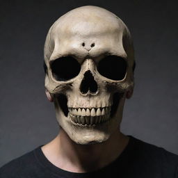 A user wearing a detailed skull mask, with lifelike bone texture and eye sockets filled with darkness.