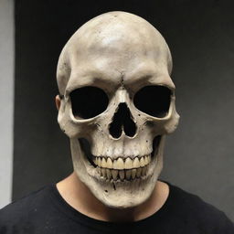 A user wearing a detailed skull mask, with lifelike bone texture and eye sockets filled with darkness.