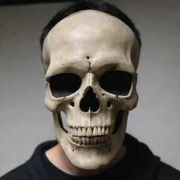 A user wearing a detailed skull mask, with lifelike bone texture and eye sockets filled with darkness.