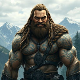 A towering Goliath fighter, with rugged, muscular build and intricate tribal tattoos covering his arms and chest