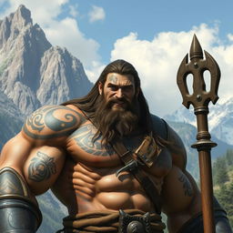 A towering Goliath fighter, with rugged, muscular build and intricate tribal tattoos covering his arms and chest