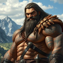 A towering Goliath fighter, with rugged, muscular build and intricate tribal tattoos covering his arms and chest