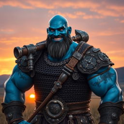 A towering blue-skinned Goliath, wearing detailed chain mail armor that glistens in the light