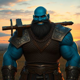 A towering blue-skinned Goliath, wearing detailed chain mail armor that glistens in the light