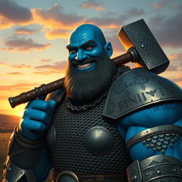 A towering blue-skinned Goliath, wearing detailed chain mail armor that glistens in the light