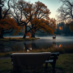 A tranquil forest scene at dusk, large oak trees with golden autumn leaves, a serene pond with reflections of the trees and the fading sunset