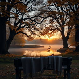 A tranquil forest scene at dusk, large oak trees with golden autumn leaves, a serene pond with reflections of the trees and the fading sunset