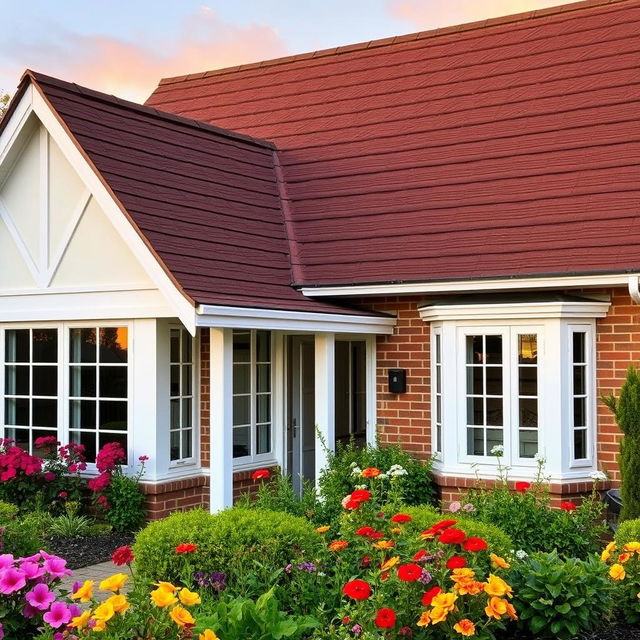 A charming house with a new brown roof, surrounded by a lush garden