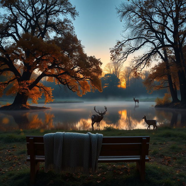 A tranquil forest scene at dusk, large oak trees with golden autumn leaves, a serene pond with reflections of the trees and the fading sunset