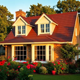 A charming house with a new brown roof, surrounded by a lush garden