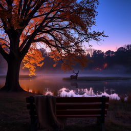 A tranquil forest scene at dusk, large oak trees with golden autumn leaves, a serene pond with reflections of the trees and the fading sunset