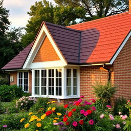 A charming house with a new brown roof, surrounded by a lush garden