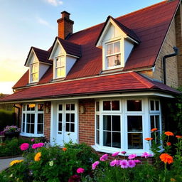 A charming house with a new brown roof, surrounded by a lush garden