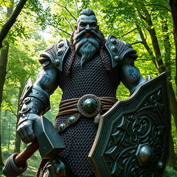 A towering gray-skinned Goliath, adorned in intricate chain mail armor that gleams with metallic luster