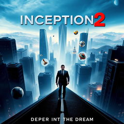 A striking poster for "Inception 2", the anticipated sequel to "Inception (2010)", featuring a futuristic cityscape with twisted skyscrapers and distorted realities blending into one another