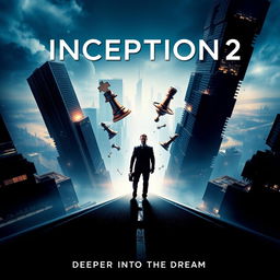 A striking poster for "Inception 2", the anticipated sequel to "Inception (2010)", featuring a futuristic cityscape with twisted skyscrapers and distorted realities blending into one another