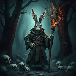 A fantasy Dungeons & Dragons inspired scene featuring an evil rabbit necromancer