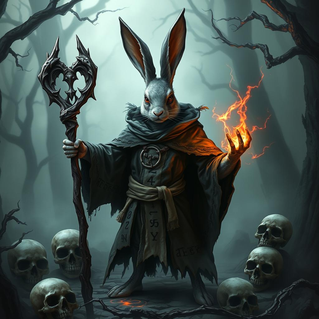 A fantasy Dungeons & Dragons inspired scene featuring an evil rabbit necromancer